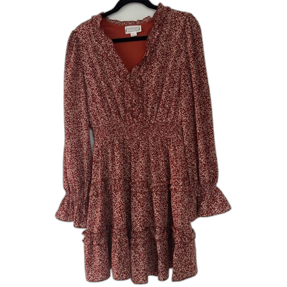 Love Riche Burnt Orange Floral Long Ruffle Sleeve Dress